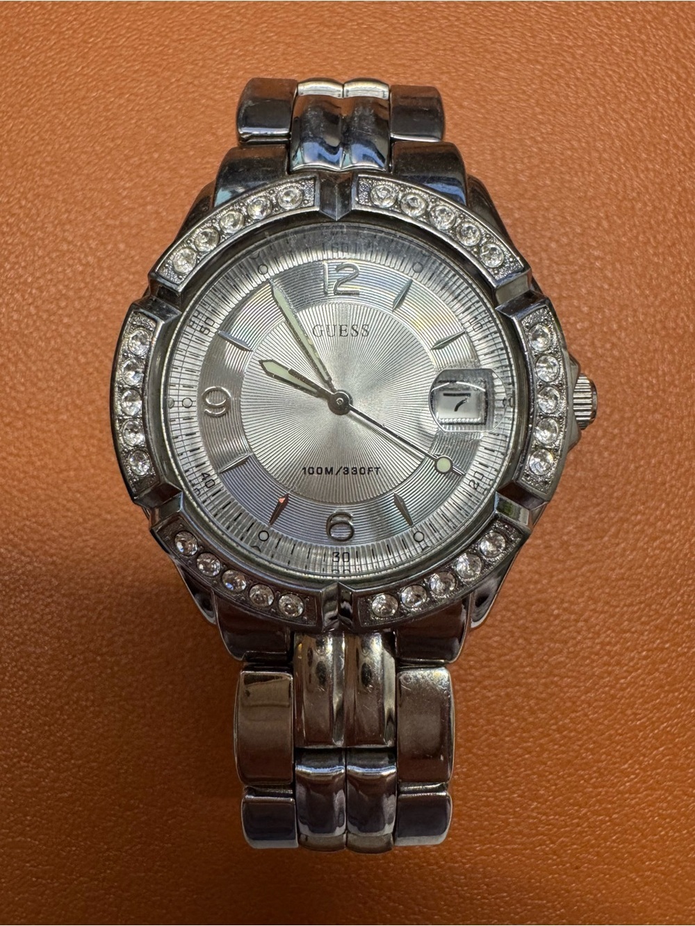 GUESS G75511M Silver Crystal Bezel Watch Date Stainless Steel Needs Battery